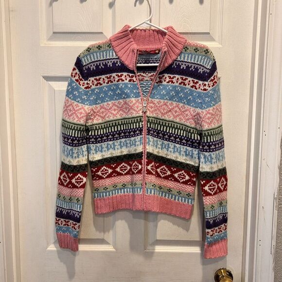 So Fair Isle Cardigan Ski Sweater Large Juniors Zip Front Pink Colorful Y2k - Picture 2 of 8